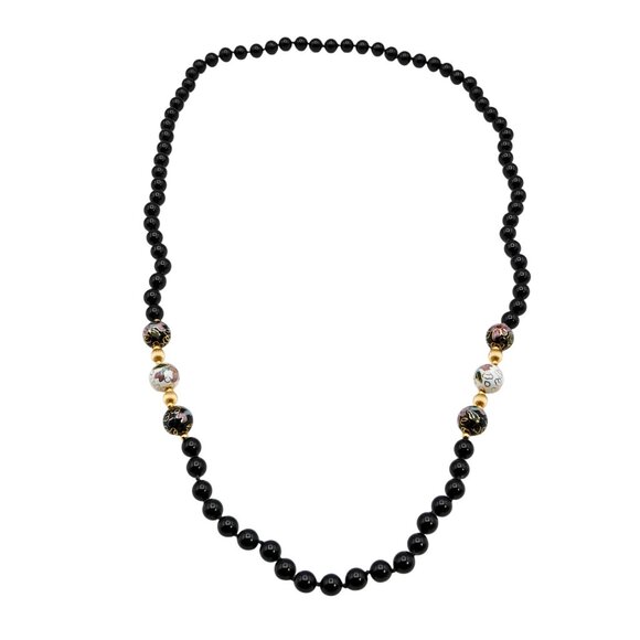 Vintage Black Onyx 12K Yellow Gold and Cloisonné Bead Necklace 31 Inches - Picture 1 of 7